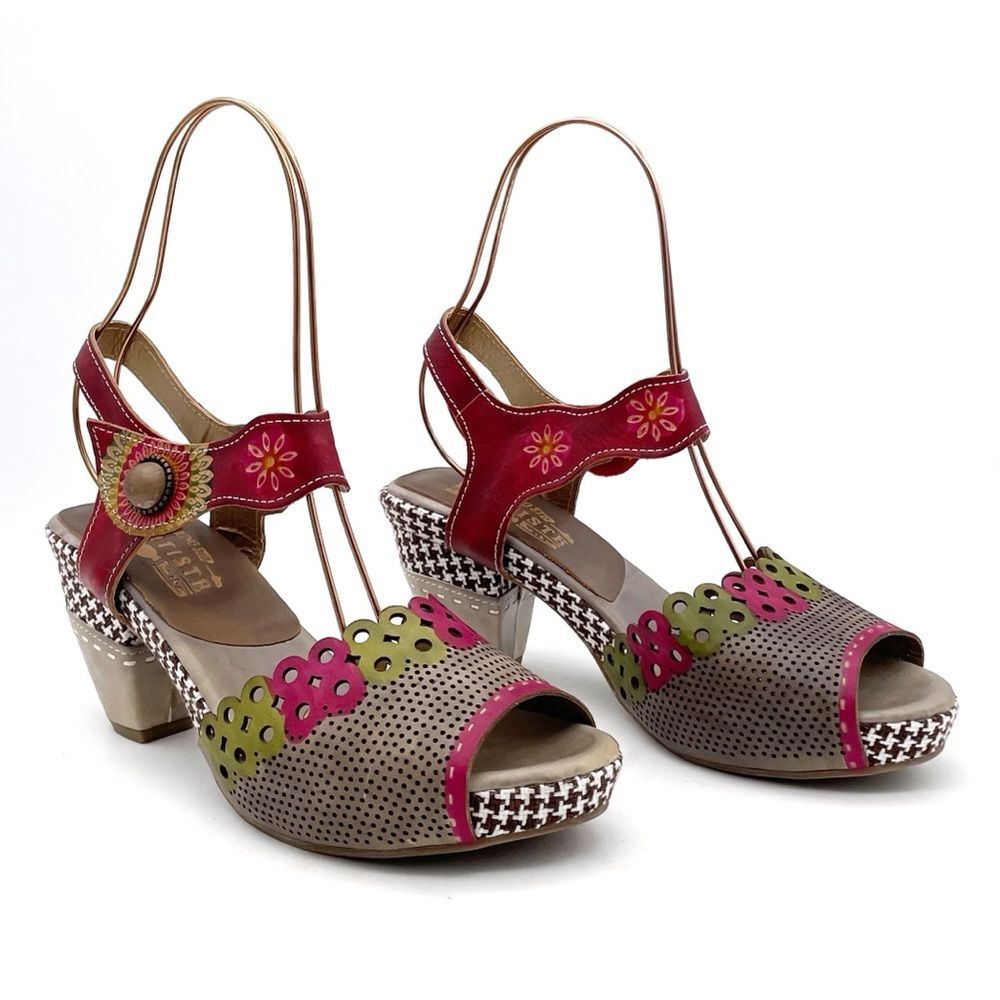 Spring Step Multicolor Floral Cutout Leather Sandals - Pink, Olive, Taupe